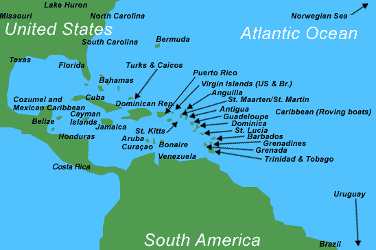Caribbean and Atlantic diving destinations map