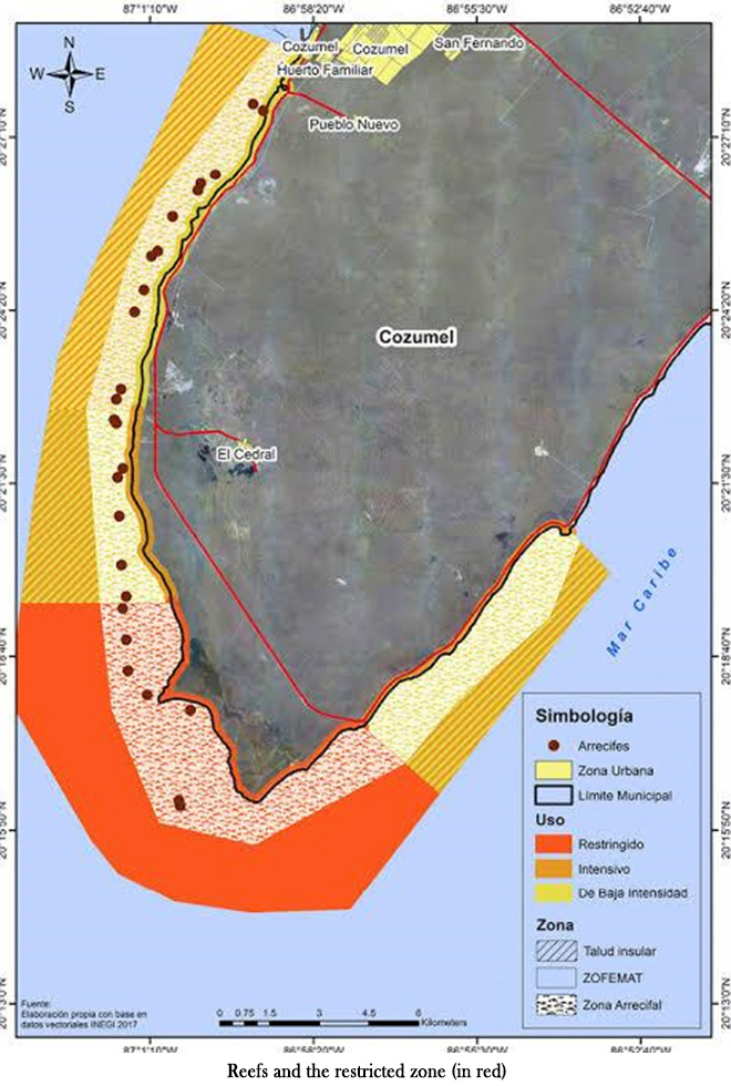 Cozumel Reefs and the restricted zone (in red)